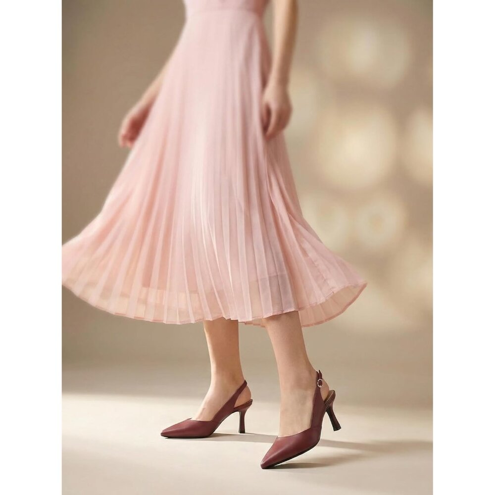 Women's Burgundy Faux Leather Pointed Toe Slingback Stylish Buckle Pump Shoes - Picture 6 of 6